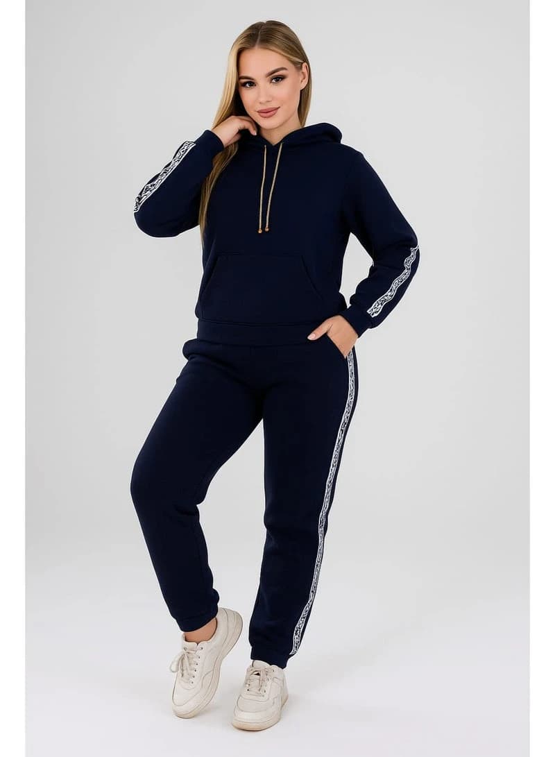 Women's Winter Tracksuit Set – Navy Blue Cotton Fleece Hoodie & Joggers