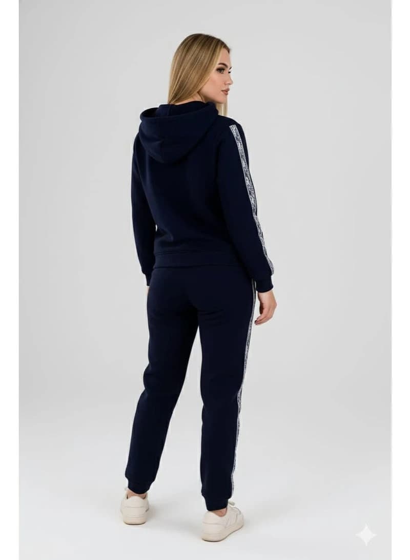 Women's Winter Tracksuit Set – Navy Blue Cotton Fleece Hoodie & Joggers