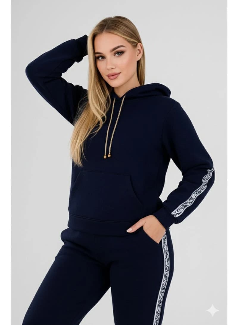 Women's Winter Tracksuit Set – Navy Blue Cotton Fleece Hoodie & Joggers
