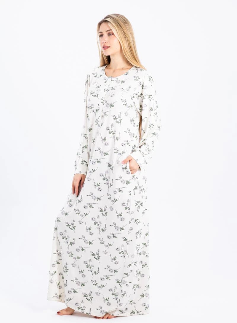 Women's Summer Maxi Abaya Nightgown – White Viscose Floral Print Dress
