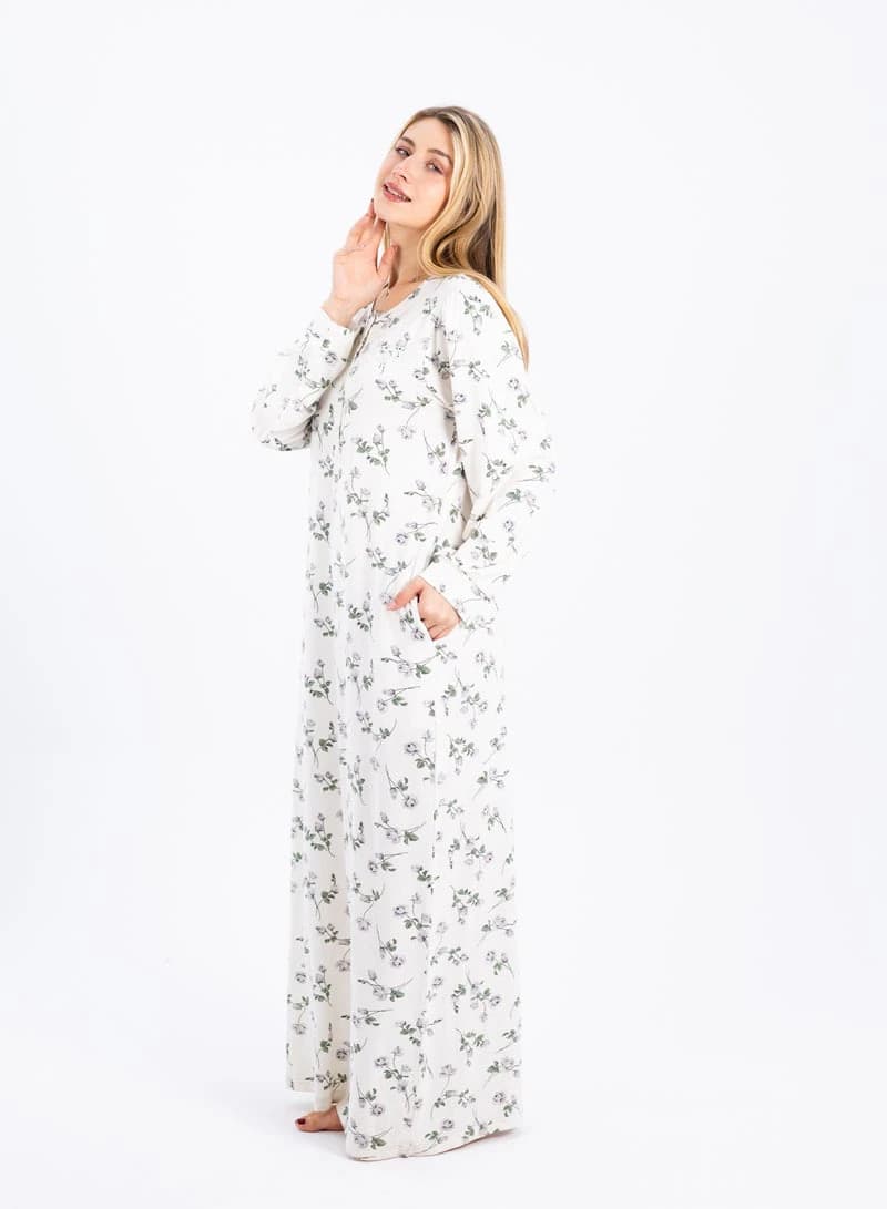 Women's Summer Maxi Abaya Nightgown – White Viscose Floral Print Dress