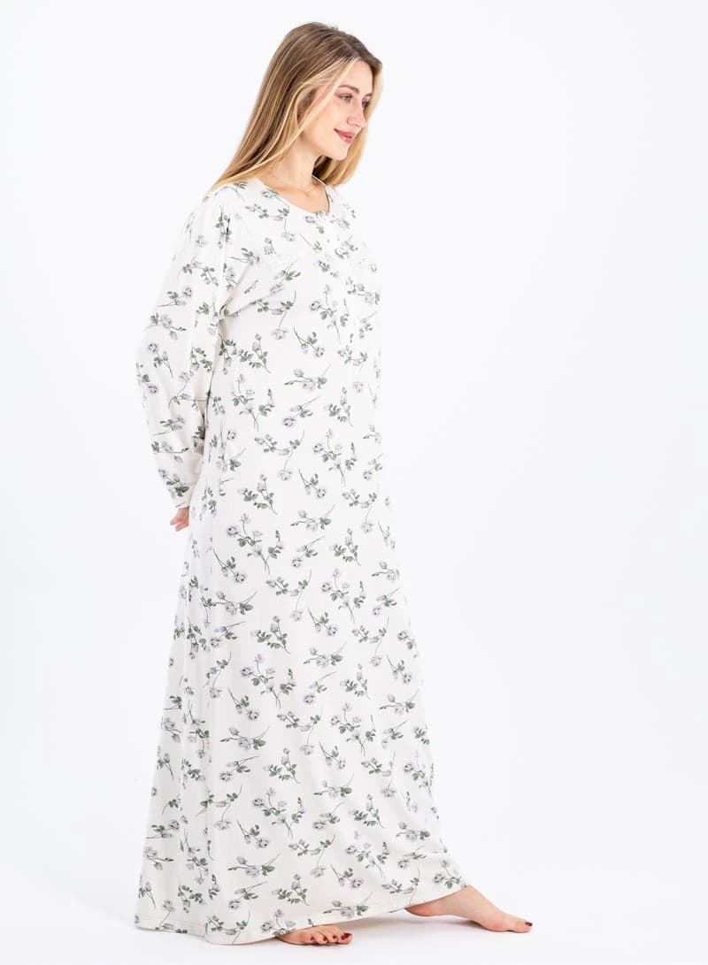 Women's Summer Maxi Abaya Nightgown – White Viscose Floral Print Dress