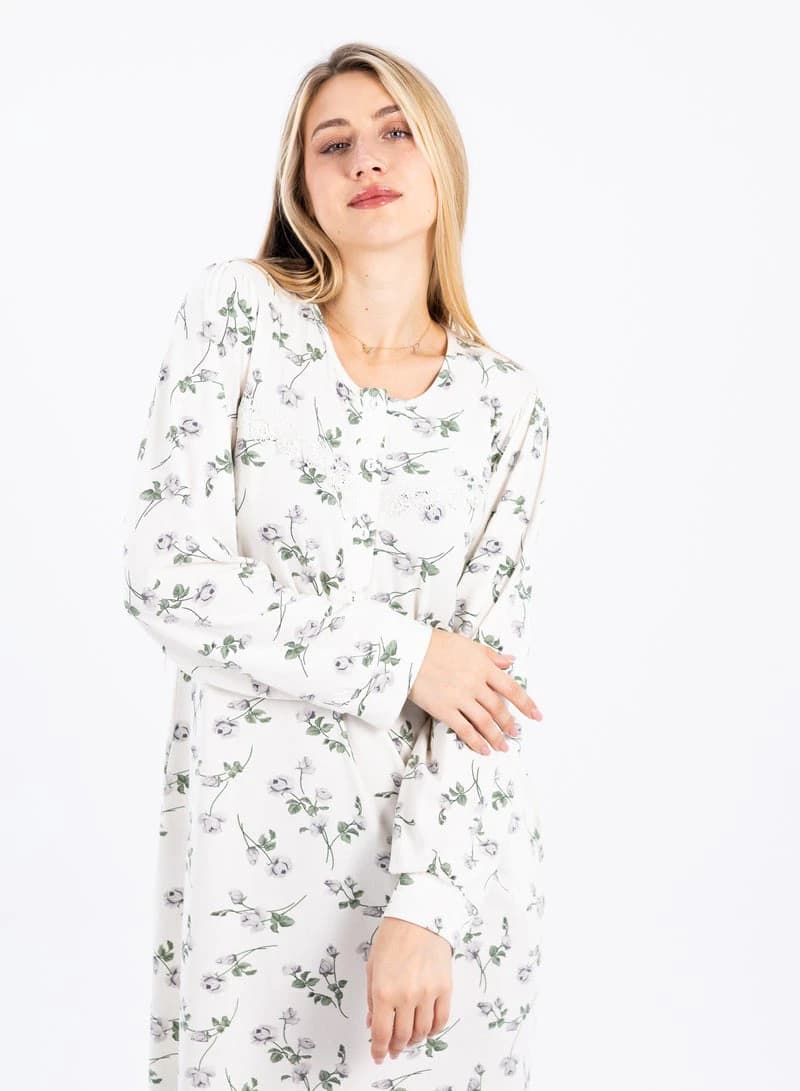 Women's Summer Maxi Abaya Nightgown – White Viscose Floral Print Dress