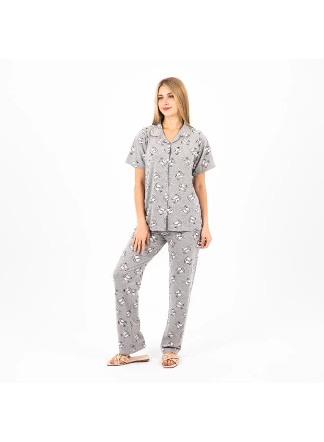 Women's Classic Cut 1/2 Sleeve Cotton Pajama Set – Button-Down Top & Long Pants