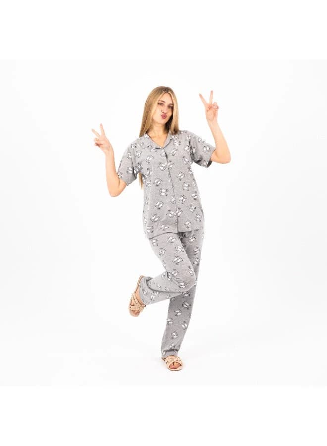 Women's Classic Cut 1/2 Sleeve Cotton Pajama Set – Button-Down Top & Long Pants
