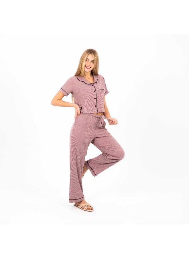 Women's Classic Cotton Pajama Set – Short Sleeve Button-Down & Full-Length Pants
