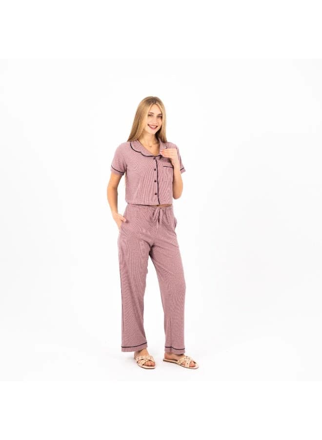 Women's Classic Cotton Pajama Set – Short Sleeve Button-Down & Full-Length Pants