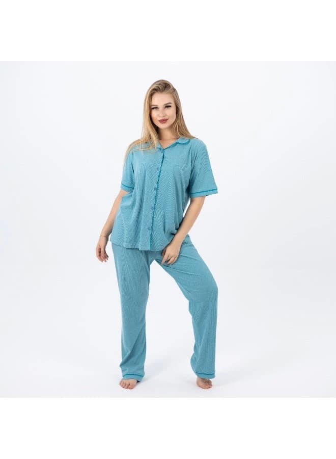 Women's Classic Cotton Pajama Set – Short Sleeve Button‑Up & Long Pants