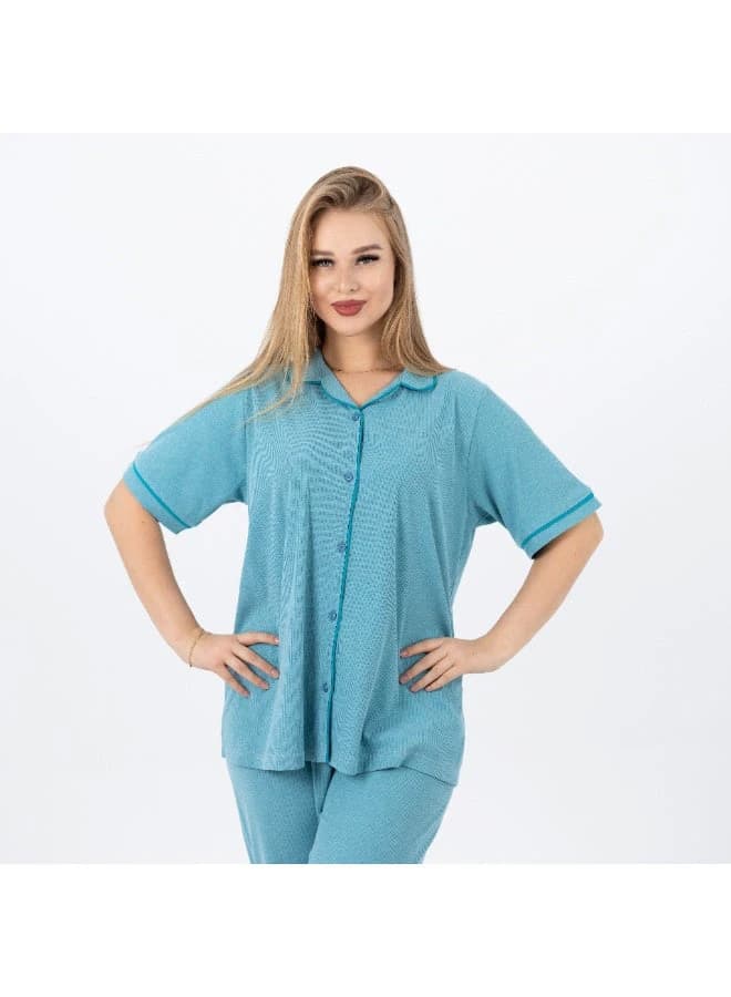 Women's Classic Cotton Pajama Set – Short Sleeve Button‑Up & Long Pants