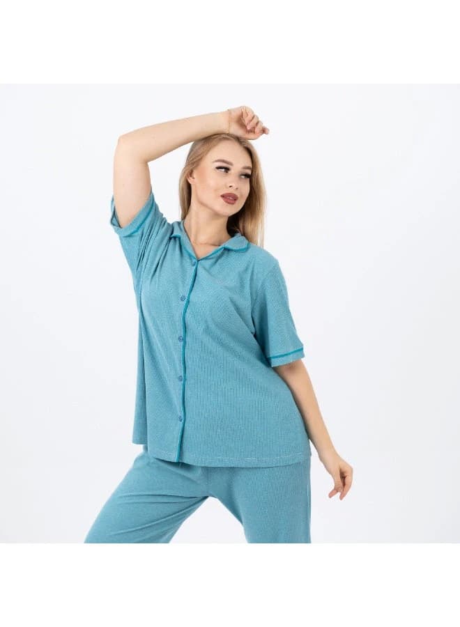 Women's Classic Cotton Pajama Set – Short Sleeve Button‑Up & Long Pants