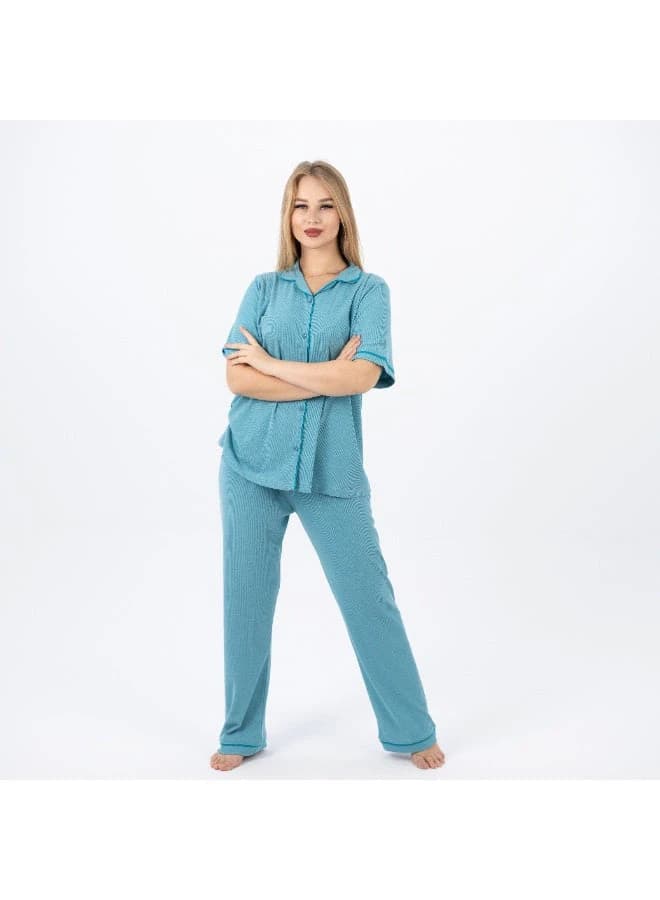 Women's Classic Cotton Pajama Set – Short Sleeve Button‑Up & Long Pants