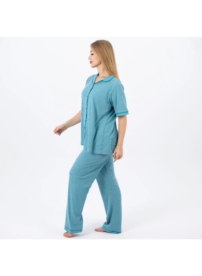 Women's Classic Cotton Pajama Set – Short Sleeve Button‑Up & Long Pants