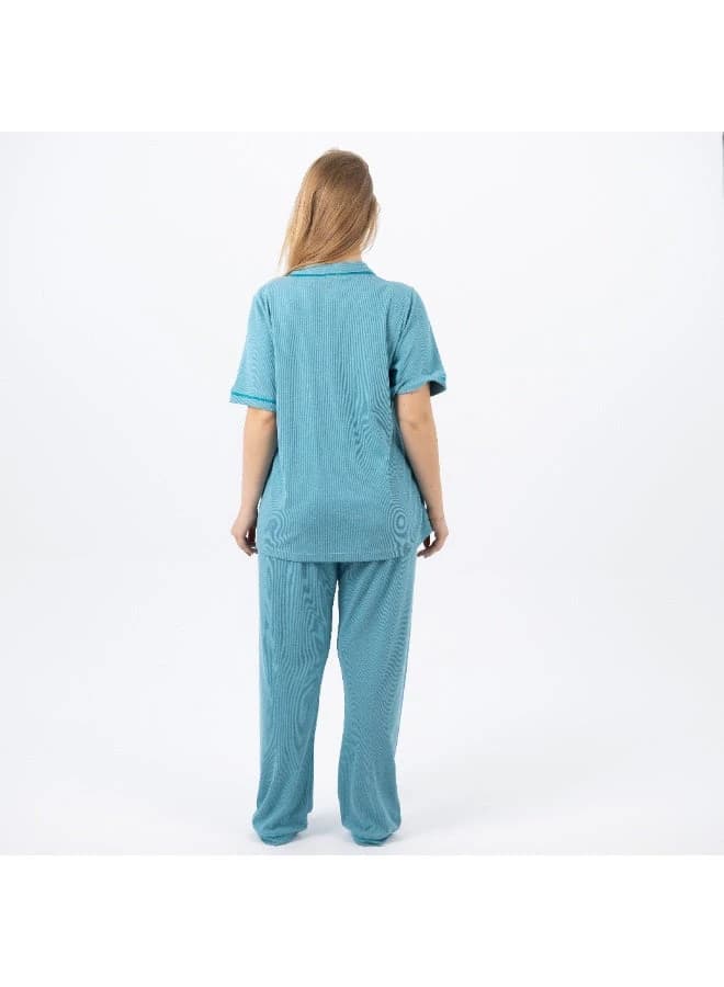 Women's Classic Cotton Pajama Set – Short Sleeve Button‑Up & Long Pants