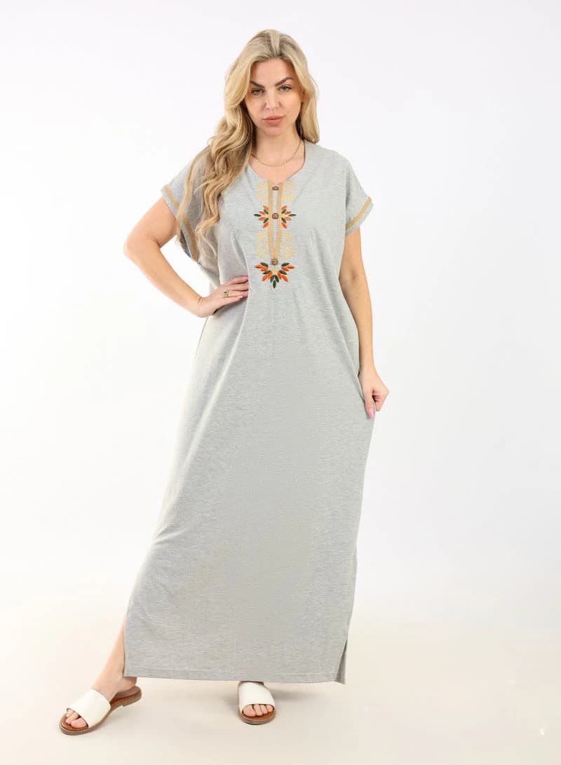Women's Summer Maxi Abaya Nightgown – Beige Embroidered Cotton Maxi Dress