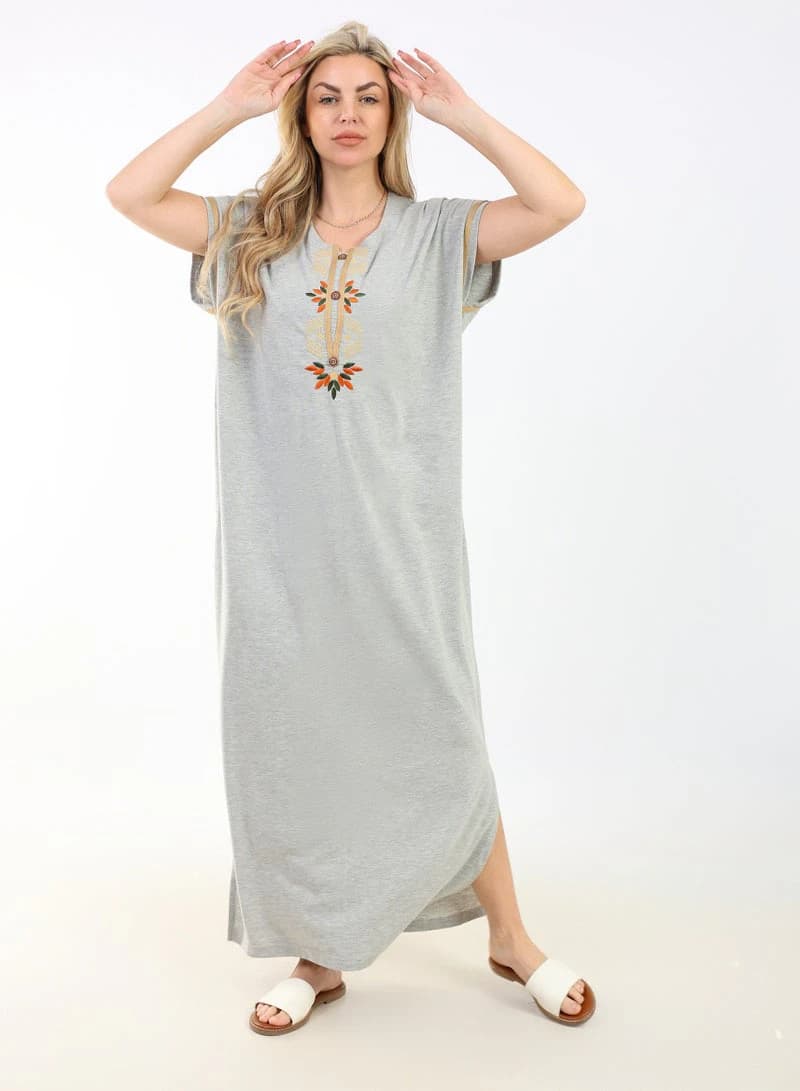 Women's Summer Maxi Abaya Nightgown – Beige Embroidered Cotton Maxi Dress