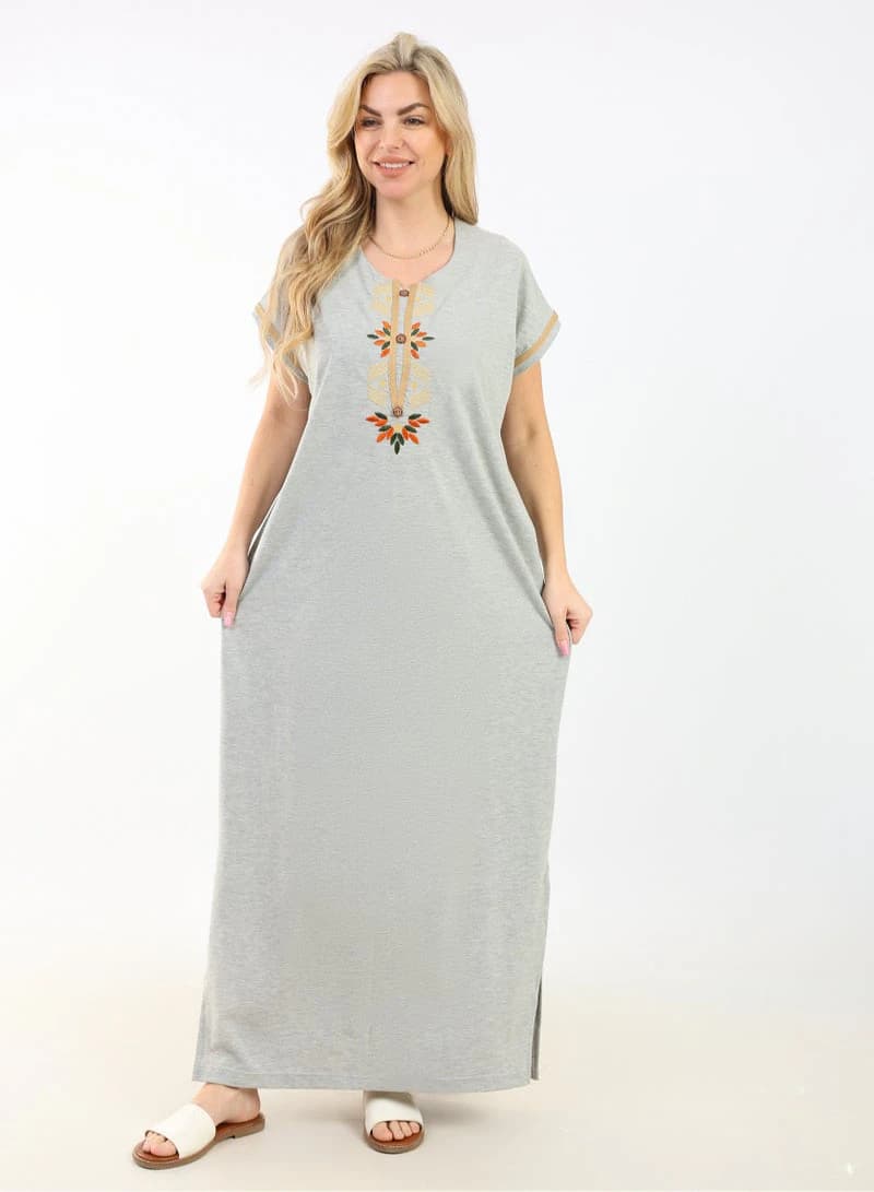 Women's Summer Maxi Abaya Nightgown – Beige Embroidered Cotton Maxi Dress