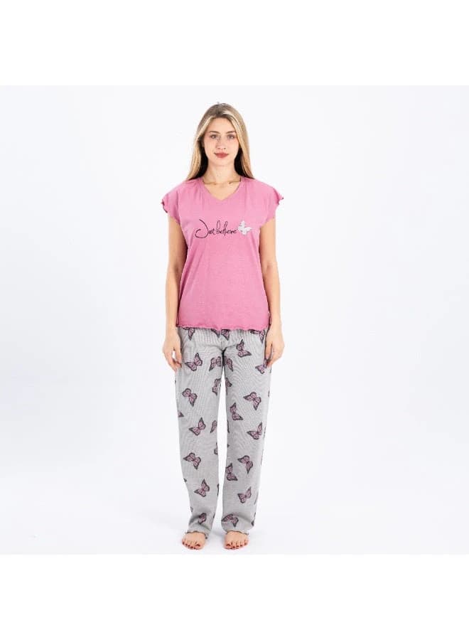 Women's Summer Cotton Pajama Set – Butterfly Print Pants & Short Sleeve Top