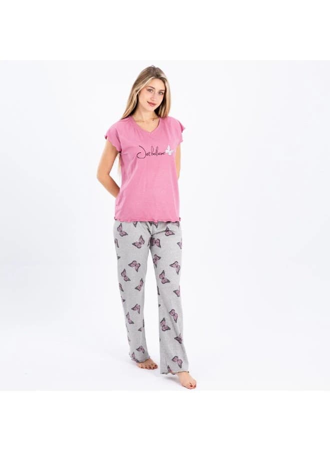 Women's Summer Cotton Pajama Set – Butterfly Print Pants & Short Sleeve Top