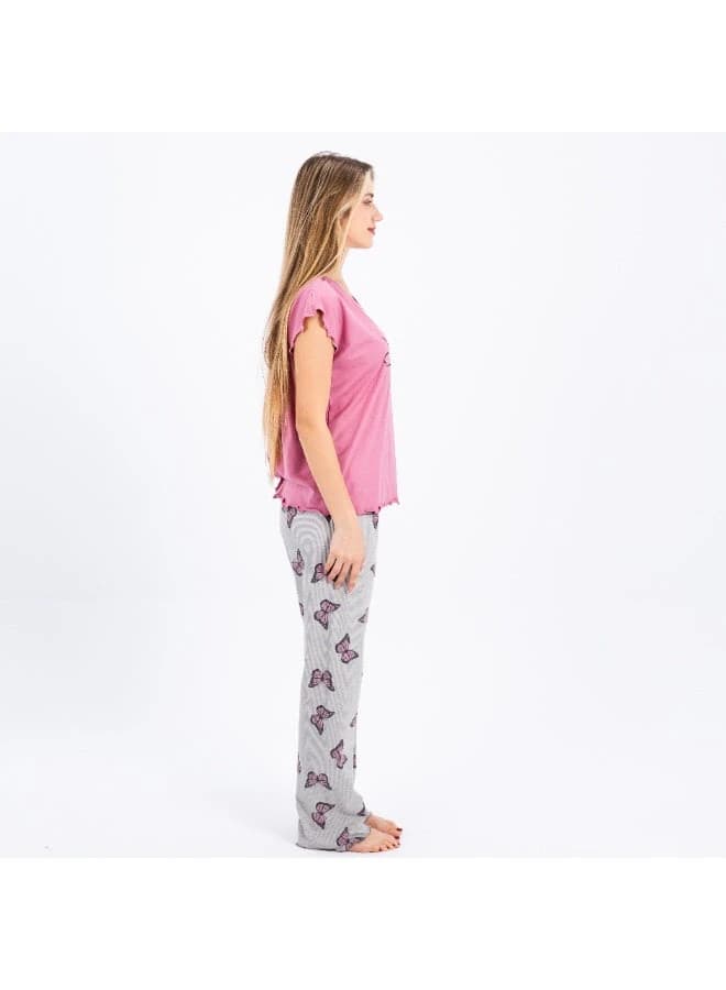 Women's Summer Cotton Pajama Set – Butterfly Print Pants & Short Sleeve Top