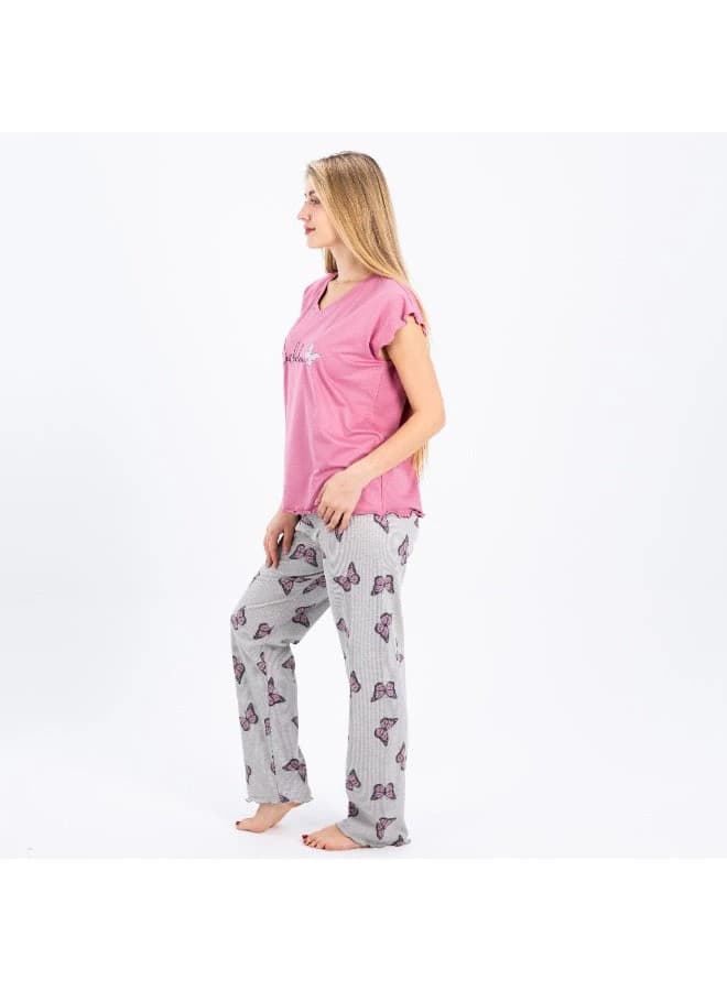 Women's Summer Cotton Pajama Set – Butterfly Print Pants & Short Sleeve Top