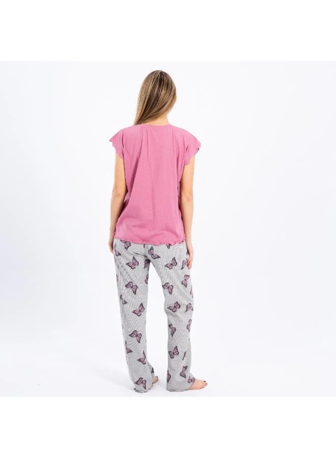 Women's Summer Cotton Pajama Set – Butterfly Print Pants & Short Sleeve Top
