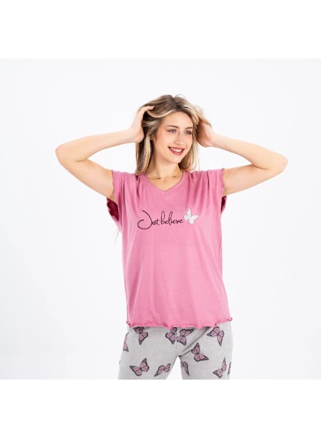 Women's Summer Cotton Pajama Set – Butterfly Print Pants & Short Sleeve Top