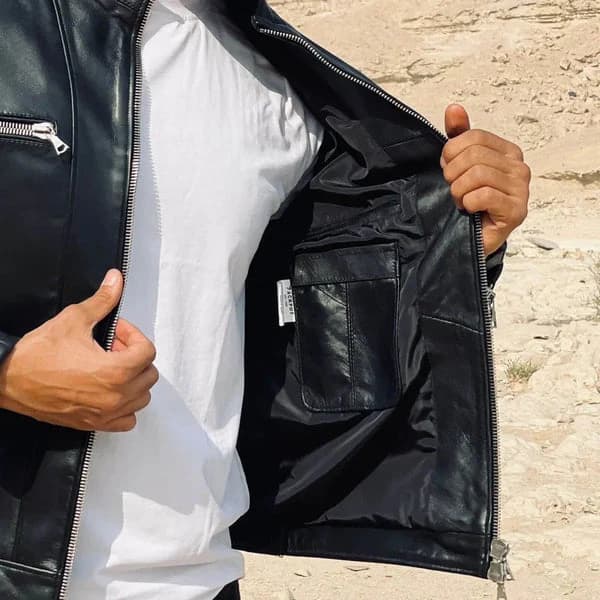 Genuine Leather Ribbed Zip-Up Jacket – Black