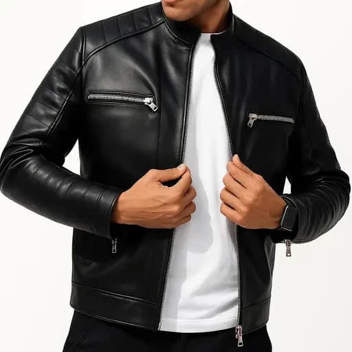 Ribbed ZipUp Leather Jacket -Black