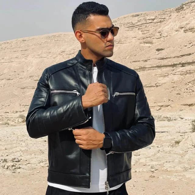 Ribbed ZipUp Leather Jacket -Black
