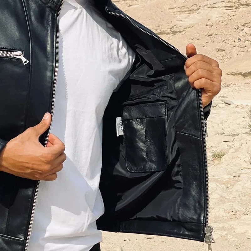 Ribbed ZipUp Leather Jacket -Black