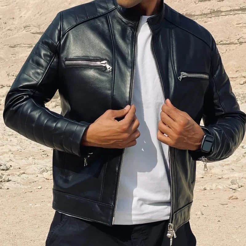 Ribbed ZipUp Leather Jacket -Black