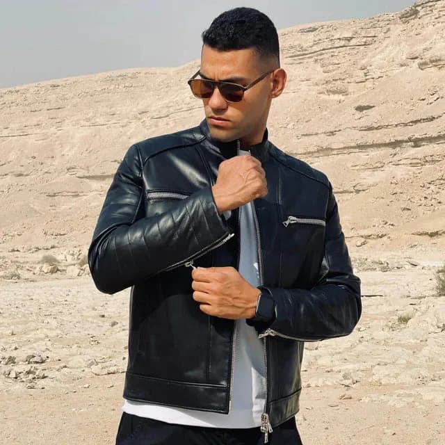 Ribbed ZipUp Leather Jacket -Black