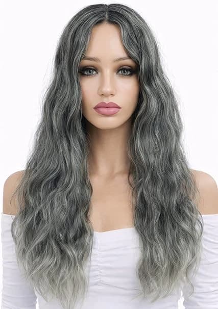 Ombre Grey Green Long Wavy Wig Natural Wave Wig with Part for Women