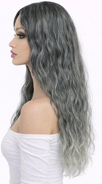 Ombre Grey Green Long Wavy Wig Natural Wave Wig with Part for Women