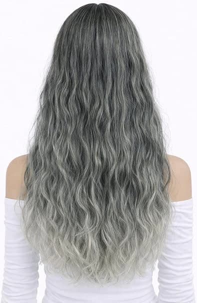 Ombre Grey Green Long Wavy Wig Natural Wave Wig with Part for Women