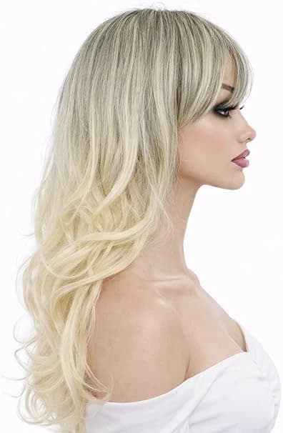 Ombre Light Blonde Wig with Dark Roots Long Wavy Wig with Bangs for Women