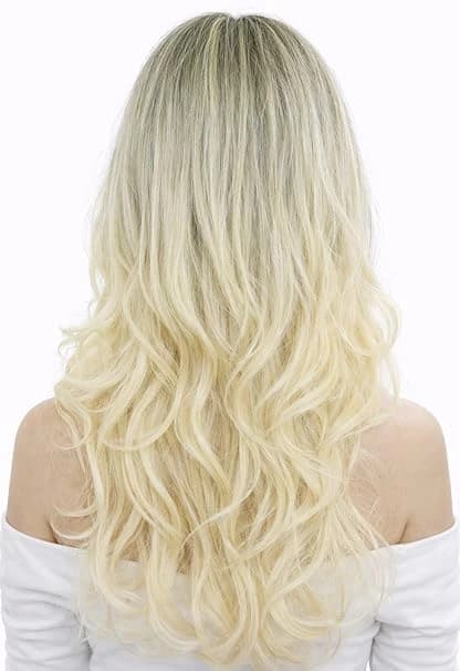 Ombre Light Blonde Wig with Dark Roots Long Wavy Wig with Bangs for Women