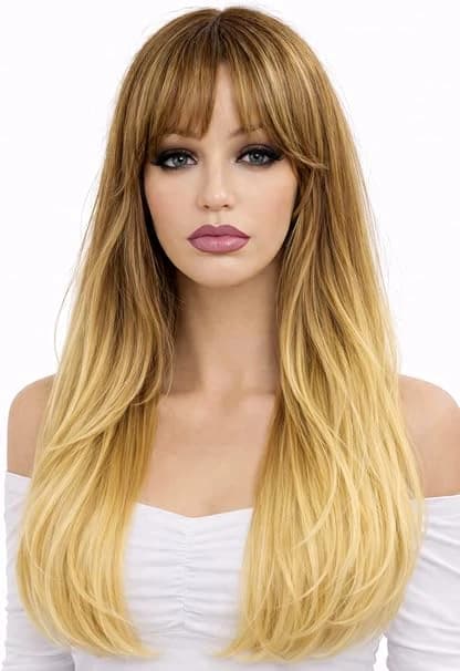 Ombre Brown to Blonde Wig with Bangs Long Soft Wigs for Women