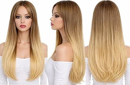 Ombre Brown to Blonde Wig with Bangs Long Soft Wigs for Women
