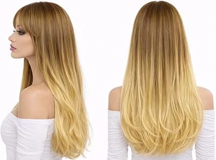 Ombre Brown to Blonde Wig with Bangs Long Soft Wigs for Women