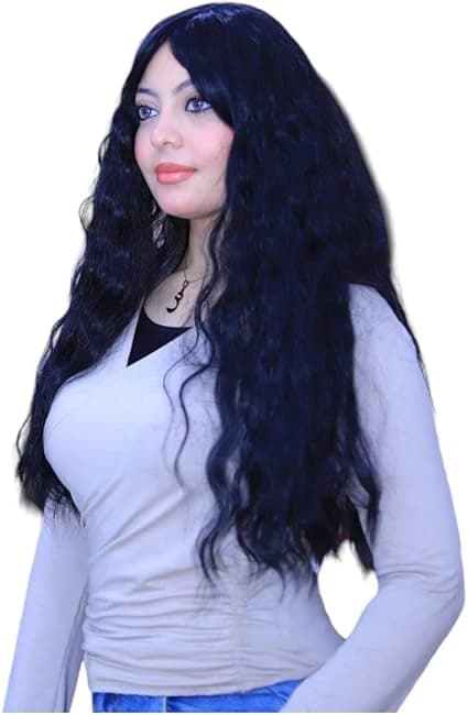 Long Wavy Wig Dark Black Wig with Bangs for Women Natural Looking Elegant