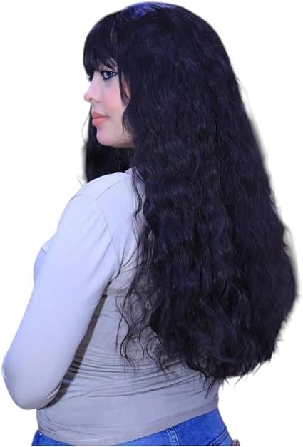 Long Wavy Wig Dark Black Wig with Bangs for Women Natural Looking Elegant