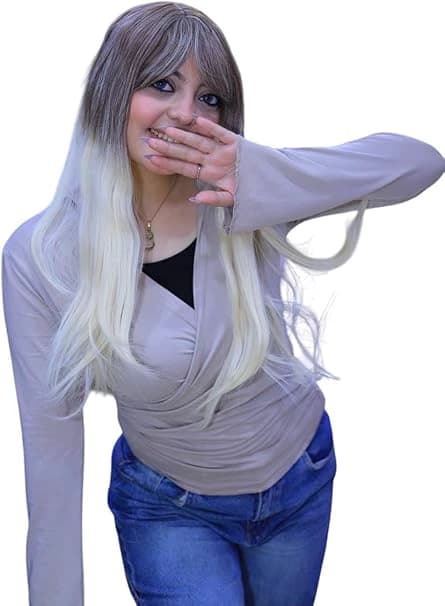 Ombre Long Blonde Brown Wig with Bangs for Women