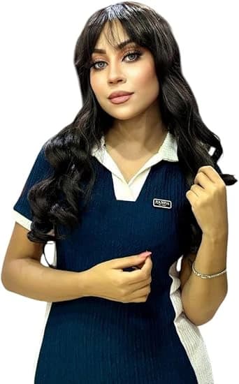 Bangs Long Wavy Wig Dark Black Highlight Wigs for Women Elegant Natural Frame