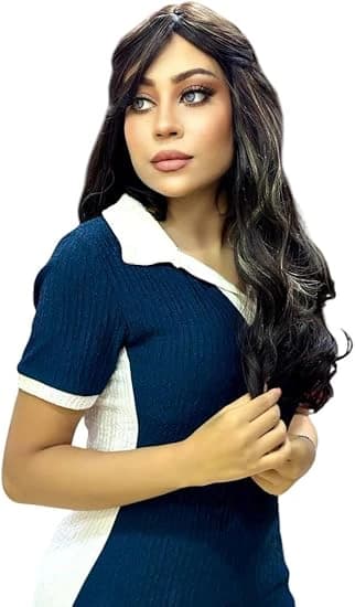 Bangs Long Wavy Wig Dark Black Highlight Wigs for Women Elegant Natural Frame
