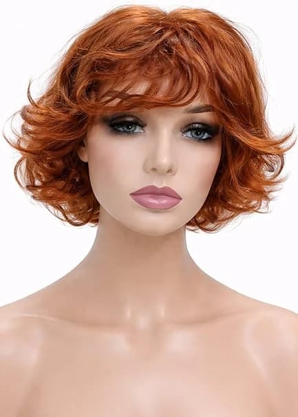 Short Curly Red Copper Wig with Front Bangs, Bob Style Wavy Wig for Women
