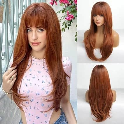 Long Reddish Brown Wig with Bangs Natural Wavy Wigs for Women