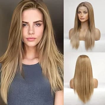 باروكة نسائية طويلة مستقيمة باللون الأشقر، مصنوعة من ألياف صناعية بمظهر طبيعي