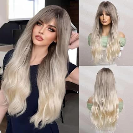 Long Wavy Ombre Gray to Blonde Wig with Bangs Synthetic Hair Wigs for Women