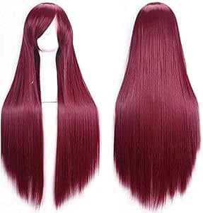 Burgundy Long Straight Wig, 100cm Synthetic Hair with Side Bangs,